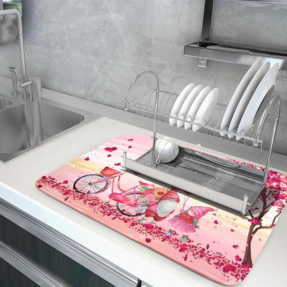 Pink Heart Valentine's Day Gnomes Dish Drying Mat for Kitchen Counter,Pink Bicycle Love Tree Drying Mat 18 x 24 Inch with Absorbent Reversible Microfiber Dish Drying Pad Dish Rack Pad for Coffee Bar - Image 5