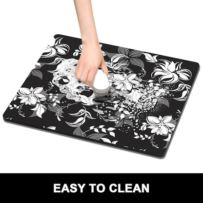 Rnivvi Dish Drying Mat for Kitchen Counter, 16 x 18" Cute Flower Theme Absorbent Heat Resistant Drying Pad with Non-slip Rubber, Coffee Bar Mats for Dish Rack Kitchen Accessories, Black White - Image 6