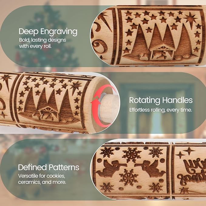 Christmas Embossed Rolling Pin for Baking Cookies Embossing Rolling Pins with Design Wooden Engraved Springerle Roller Pin Dough Patterned Clay Pottery Ceramic Bakers Women (Nativity Patterns)