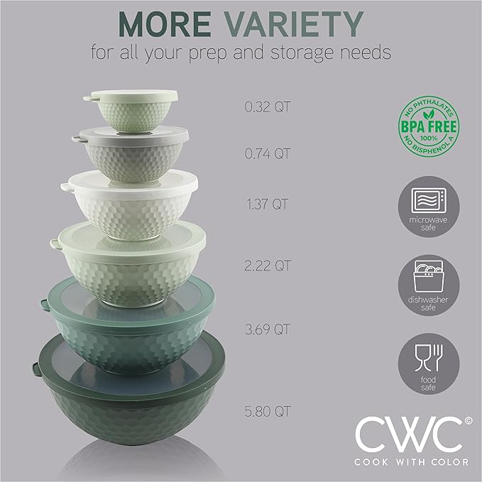 COOK WITH COLOR Mixing Bowls with Lids - 12 Piece Plastic Nesting Bowls Set includes 6 Prep Bowls and 6 Lids, Microwave Safe Mixing Bowl Set, Sage Embossed - Image 2