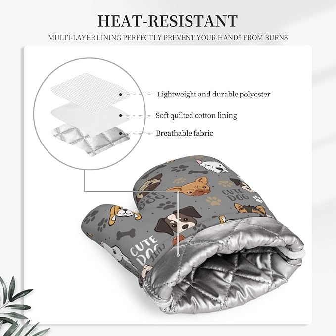 Cute Dog Oven Mitts and Pot Holders Sets Heat Resistant Non-Slip Silicone Oven Gloves Kitchen Accessories for Cooking Baking Grilling BBQ