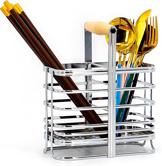 Caliamary Utensil Holder, Stainless Small Stainless Steel Cutlery Drainer Caddy for Kitchen Counter, Silverware Cutlery Flatware Holder Forks, Knives, Spoons, Chopsticks Organizer (Silver)