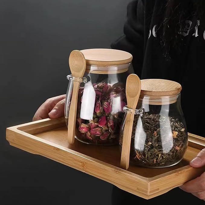 Airtight glass jar storage container with bamboo lid Set of 2, wide mouth, leak-proof, With a spoon, can be used for coffee beans, tea leaves, grains, dried fruits, etc (Middle) - Image 6