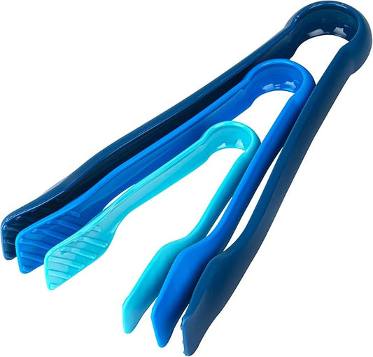 DecorRack 3 Pcs 6” x 8” x 10” Multi Colored Plastic Tong Set, 3 Pack Durable BPA-Free Quality Heavy Duty Designed for BBQ, Grilling, Salad, Buffets and Kitchen (Blue)