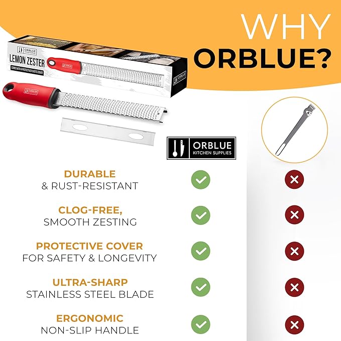 Orblue Lemon Zester & Cheese Grater - Premium Citrus Zester, Kitchen Grater for Parmesan, Chocolate, Fruits, Vegetables, Ginger, Garlic, Nutmeg - Stainless Steel Blades with Protective Cover, Red - Image 8