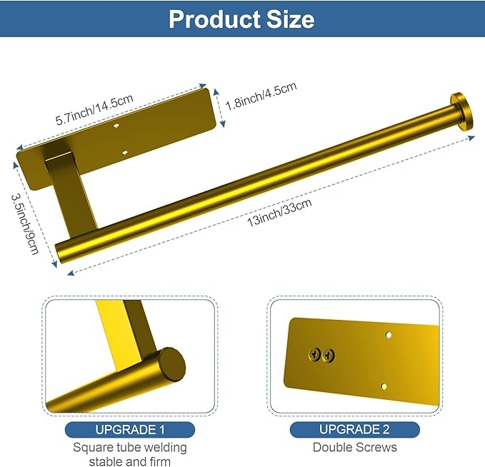 Paper Towel Holder Under Cabinet, Gold Adhesive Paper Towel Holder Wall Mount for Kitchen, Bathroom, RV, Bend-Resistant, Self-Adhesive or Drill mounting, Stainless Steel, 2 Pack - Image 4