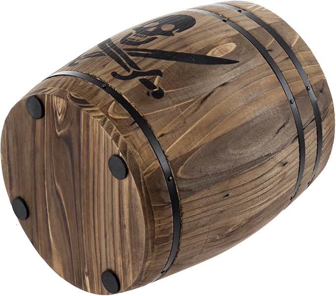 MyGift Rustic Burnt Wood Pirates Rum Cask Style Kitchen Utensil Crock, Vintage French Wine Barrel Cooking Tools Holder with Skull and Cutlass Sword Design - Image 7
