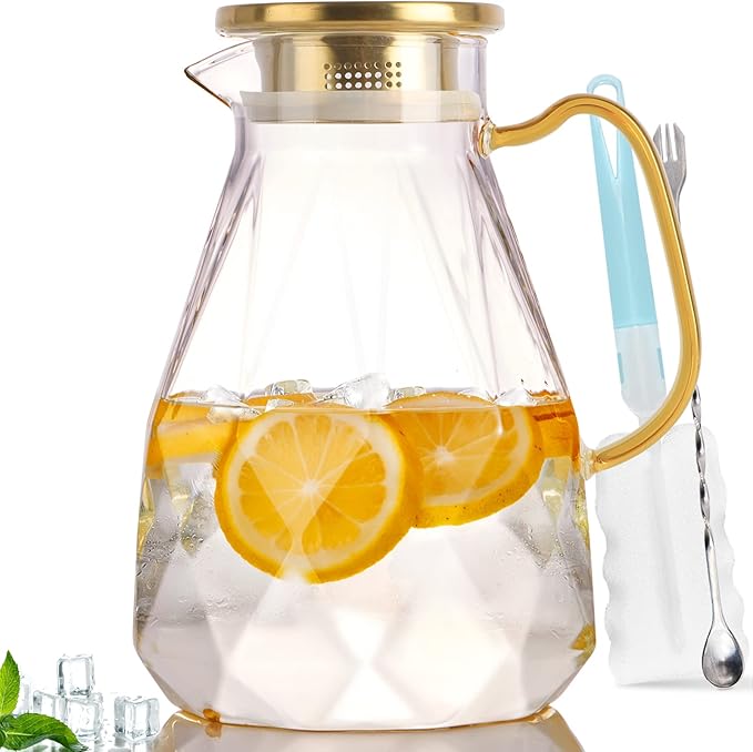 Yirilan Glass Pitcher, 2.2 Liter Water Pitcher With Lid,Iced Tea Pitcher for Fridge,Carafe With Lid, Glass Water Jug For Juice, Milk, Cold Or Hot Beverages, 2 Quart by Yirilan
