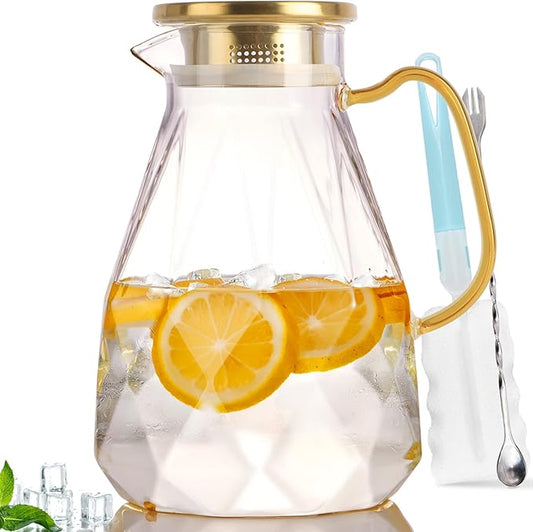 Yirilan Glass Pitcher, 2.2 Liter Water Pitcher With Lid,Iced Tea Pitcher for Fridge,Carafe With Lid, Glass Water Jug For Juice, Milk, Cold Or Hot Beverages, 2 Quart by Yirilan