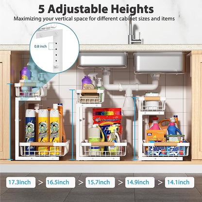 Liuoud Under Sink Organizer 2 Pack, 2 Tier Slide Out Large Capacity Height Adjustable Under Sink Organizers and Storage for Kitchen Bathroom Cabinet, White