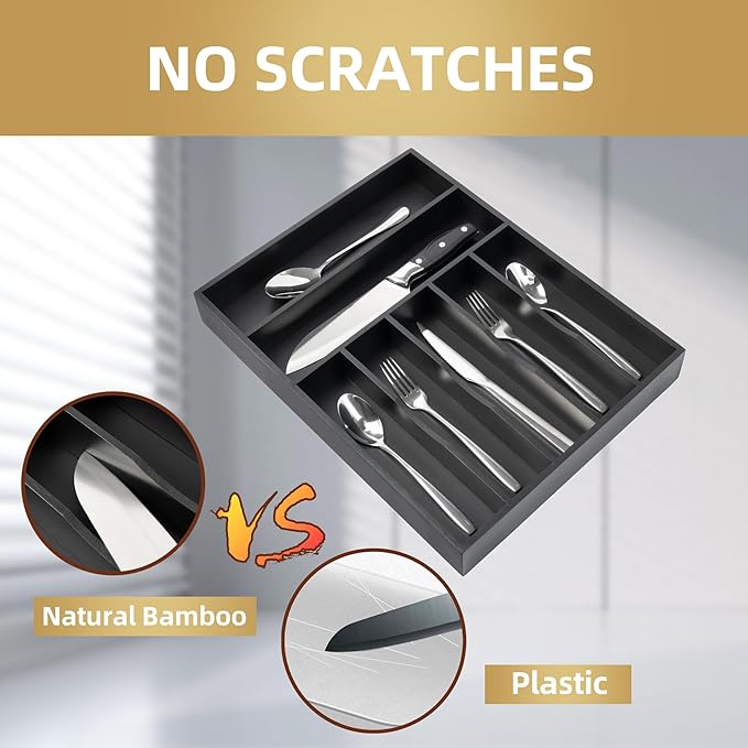 Besilord Silverware Organizer Kitchen Drawer Organizer Utensil Organizer Bamboo Silverware Holder Cutlery Organizer in Drawer Flatware Organizer Tray(7 slots, Black - Image 4