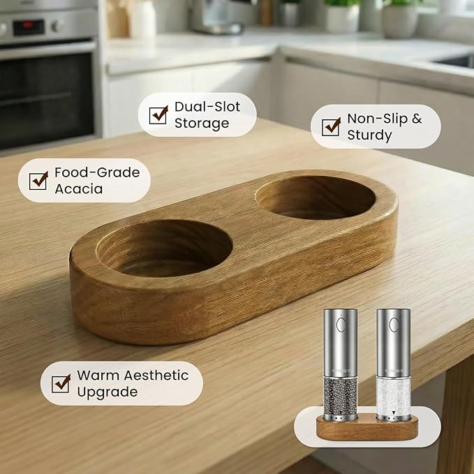 Electric Salt and Pepper Grinder Set - Acacia Wood Base, Rechargeable & Automatic Pepper Mill with LED Lights, Adjustable Coarseness, 95ml Large Capacity, Kitchen Birthday Gifts for Women