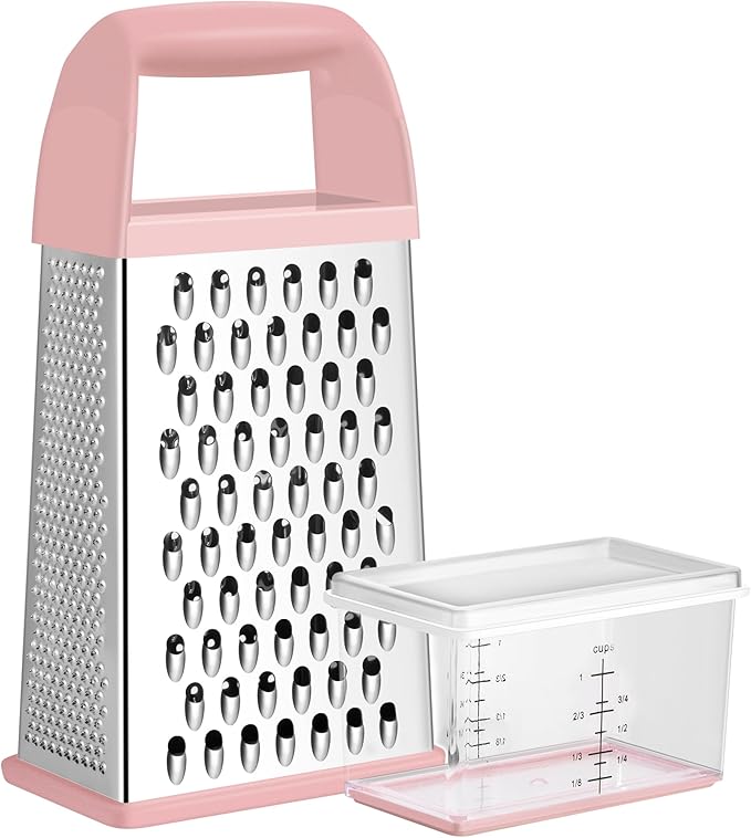 Urbanstrive Cheese Grater With Container, Professional Cheese Grater with Handle, Stainless Steel Graters for Kitchen Handheld, Box Grater with 4 Sides for Vegetables, Ginger, Potatoes (Pink) by Urbanstrive