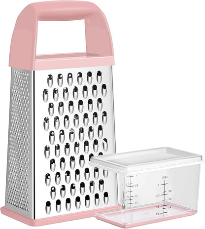 Urbanstrive Cheese Grater With Container, Professional Cheese Grater with Handle, Stainless Steel Graters for Kitchen Handheld, Box Grater with 4 Sides for Vegetables, Ginger, Potatoes (Pink) by Urbanstrive