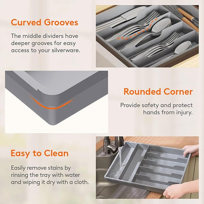 Lifewit Silverware Drawer Organizer Tray, Plastic Cutlery Storage for Kitchen, Flatware and Utensil Holder Divider for Spoons Forks Knives Tableware, 12.3 x 16", 7 Slots, Gray - Image 7