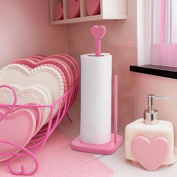 Leinuosen Valentines Day Pink Heart Paper Towel Holder Cute Heart Wooden Paper Towel Holder Pink Bathroom Countertop Accessories Kitchen Roll Stand Organizer Standing Apartment Decor Housewarming Gift
