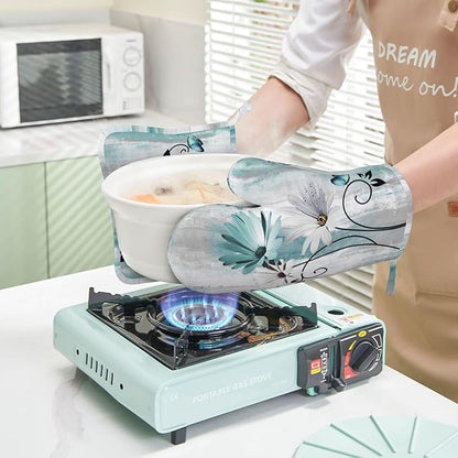 Teal Daisy Oven Mitts Pot Holders Set Silicone Heat Resistant Farm Teal Daisy Floral Flowers and Butterfly Oven Mitts and Hot Pads Potholders Non-Slip Oven Gloves for BBQ