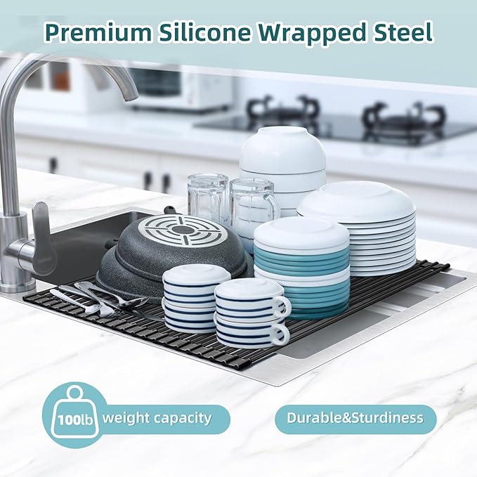 Ohuhu Sink Drying Rack, 20.5" W x 16.1" L Over Sink Roll-Up Dish Drainer - Rolling Foldable Accessories Heat-Resistant Mat Anti-Slip Silicone Coated Multipurpose for Kitchen Counter - Image 7