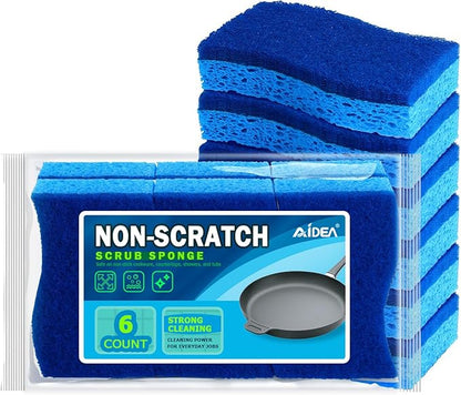 AIDEA Sponges Kitchen, Non Scratch Scrub Sponge, 6Count, Sponges for Non Stick Cookware, Cleaning Sponge for Dishes, Cleans Fast Without Scratching, Cleaning Power for Kitchen, Bathroom, Household by AIDEAHOME