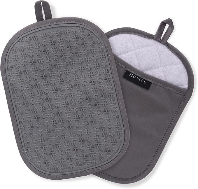Hovico 2PCS Silicone Pot Holders, Oven Mitts Heat Resistant Hot Pads with Pockets, Non Slip Pot Holder for Kitchen Baking and Cooking| 9.8 x 7 Inches | Towel Cloth Interior Lining - Gray by Hovico