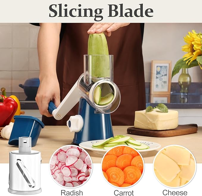 Cambom Rotary Cheese Grater Hand Crank Cheese Shredder for Fresh Cheese, Vegetable, Nuts, Non-slip Suction Base,Five Blades, Deep Blue - Image 6