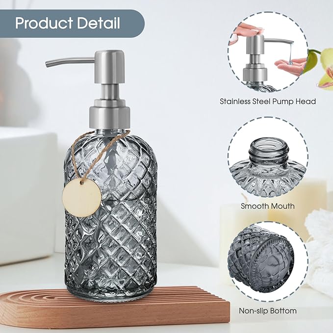 Gem-Patterned Glass Soap Dispenser with Rust Proof Stainless Steel Pump-13 oz Liquid Hand Soap Dispenser for Kitchen & Bathroom,Great for Lotions, Essential Oil, Liquid Soaps-Gray - Image 3
