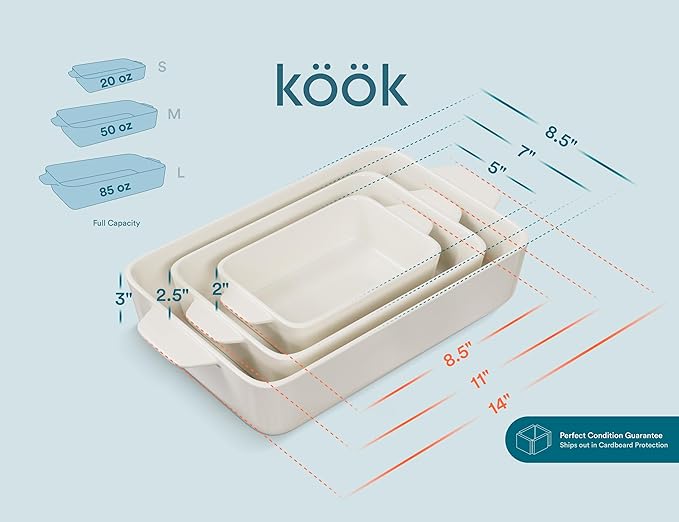 Kook Ceramic Bakeware Set, Rectangular Baking Dishes, For Casseroles, Lasagna, Cake, Small, Medium & Large Pans, Microwave & Dishwasher Safe, Set of 3, (Ivory) - Image 7