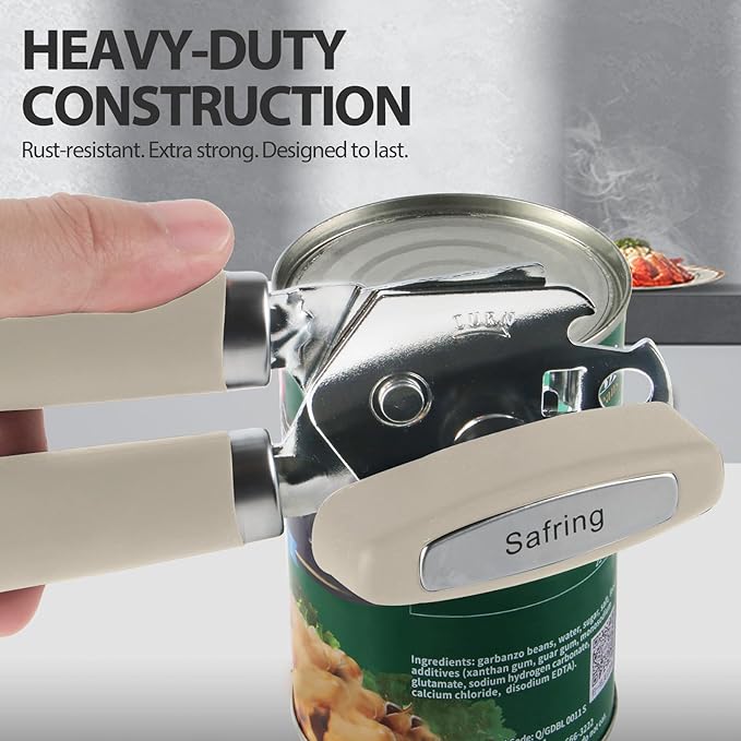Safring Can Opener Manual, Heavy Duty Handheld Strong Can Opener with Soft Touch Handle, Sharp Blade Smooth Edge, Can Openers with Multifunctional Bottle Opener, Beige - Image 6