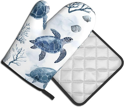 Nautical Oven Mitts for Women - 2 PCS Coastal Oven Gloves Summer Kitchen Mitts Beach Seashell Potholders for Baking and Cooking - Image 2