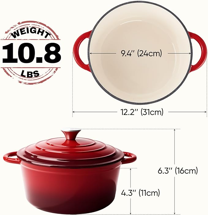 4.5 Quart Dutch Oven Pot with Lid, Non Stick Enameled Cast Iron Dutch Oven for Bread Baking,Heavy-Duty, Oven Safe Ceramic Cookware Up to 500°F for Baking, Braising, Stews, Roasting, Red - Image 4