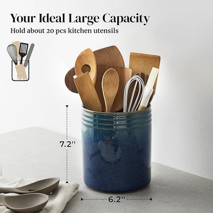 DOWAN 7.2" Kitchen Utensil Holder, Extra Large Farmhouse Utensil Holders for Countertop, Ceramic Utensil Crock, Anti Slip Cork Bottom - Image 2