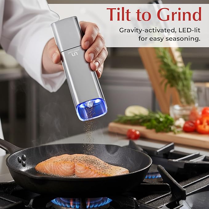 Automatic Salt and Pepper Grinder Set - Rechargeable Electric Salt and Pepper Shakers with Adjustable Coarseness, LED Light, One-Handed Use, Gravity Salt Grinder and Electric Pepper Mill - Image 3