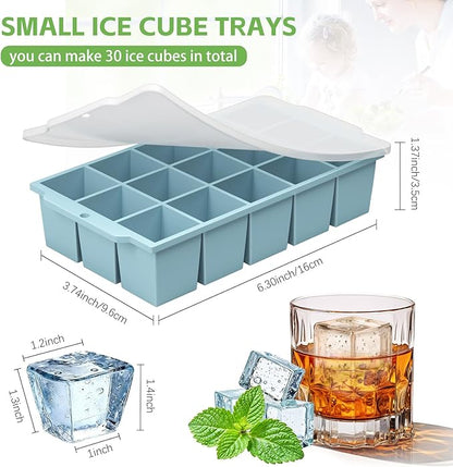 Silicone Ice Cube Tray with Locks Lids, Easy Release Flexible 15 Square Ice Trays for Freezer, Stackable & Reusable Ice Cube Mold for Whiskey, Cocktails, Baby Food, BPA Free, 2 Pack (Blue)