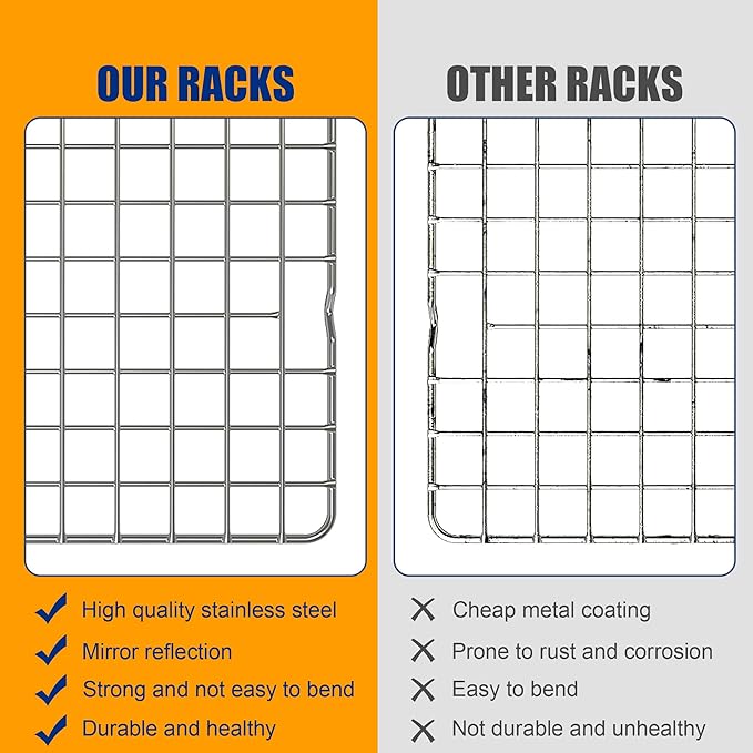 2PCS Cooling Racks for Cooking and Baking - 10" x 16"Heavy Duty Stainless Steel Wire Rack for Baking, Grilling, Roasting - Oven & Dishwasher Safe - Fits Half Sheet Pan（Silver） - Image 7