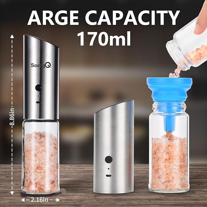 Electric Salt and Pepper Grinder Set - USB Rechargeable Gravity Salt and Pepper Shakers, Automatic Glass Mill with Adjustable Coarseness, LED Light, One-Hand Operation for Kitchen & Dining - Image 6