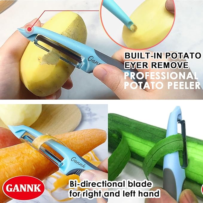 GANNK Potato Apple Vegetable Peelers for Kitchen, I and Y Peelers for Fruit Veggie Potatoes Carrot Cucumber, 3 in 1 Blade Spin Design With Julienne Function - Image 5