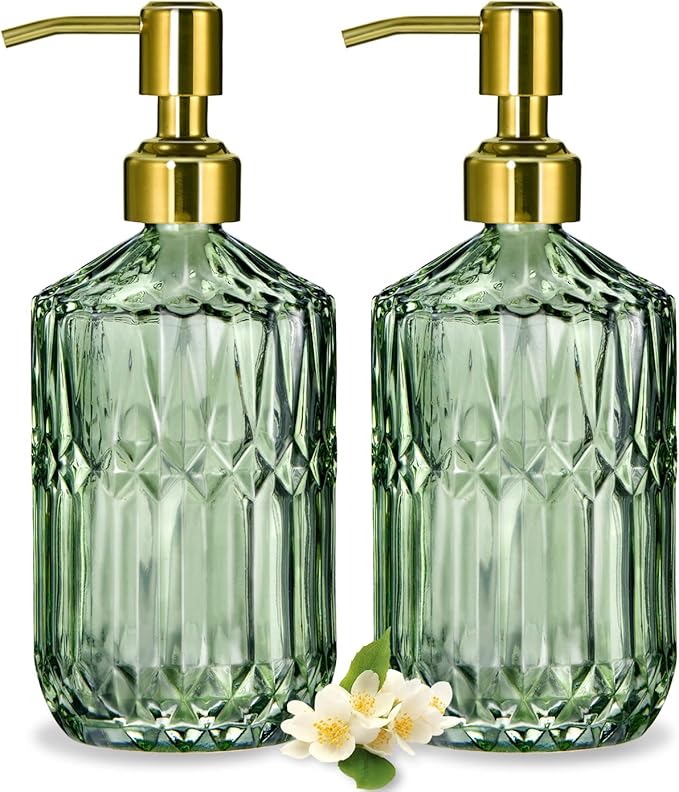 COHOSEGE 17 Oz Green Glass Kitchen Soap Dispenser for Dish Soap, 2 Pack Bathroom Soap Dispenser Set with Gold Rust Proof Pump for Lotion, Hand soap or Body Wash by COHOSEGE
