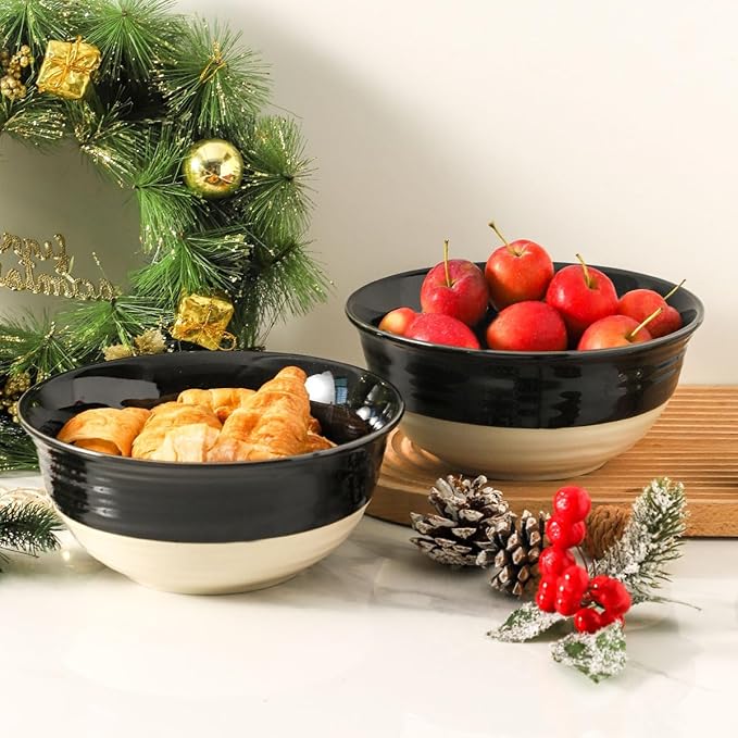 HASENSE Large Porcelain Serving Bowls Set of 2, 60 Oz 8.5 Inch Black & Beige Stoneware Mixing Bowls, Farmhouse Bowls for Salad, Soup & Pasta, Dishwasher & Microwave Safe - Image 6