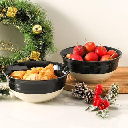 HASENSE Large Porcelain Serving Bowls Set of 2, 60 Oz 8.5 Inch Black & Beige Stoneware Mixing Bowls, Farmhouse Bowls for Salad, Soup & Pasta, Dishwasher & Microwave Safe - Image 6