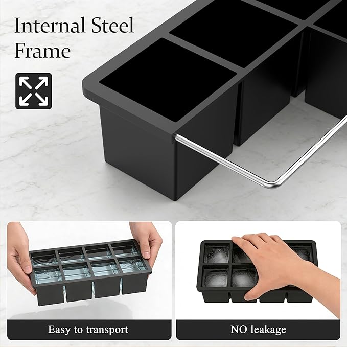Bangp Silicone Ice Cube Trays with Metal Reinforced Frame(3 Pack),Large Ice Cube Tray with Lid,Easy Release Whiskey Ice Cubes Mold,Ice Trays for Freezer,Stackable Ice Cube Tray(Black) - Image 5