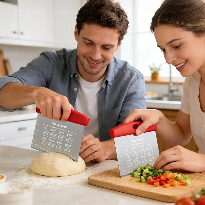 Ourokhome 2 Pack Bench Scraper Dough Cutter, Stainless Steel Dough Scraper with Laser-Etched Scale, Conversion Chart, Non-Slip Handle, Dishwasher Safe for Bread & Pastry, Red - Image 8