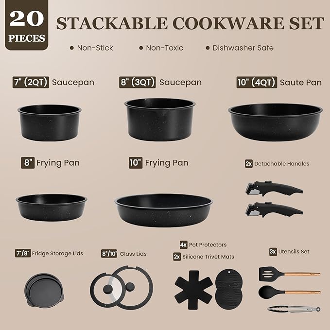 KIKCOIN 20 Pcs Pots and Pans Set Non Stick, Detachable Handle Cookware Sets Nonstick, Non Toxic Induction RV Kitchen Cooking Set with Removable Handles, Dishwasher/Oven Safe, Easy Clean (Black) - Image 2