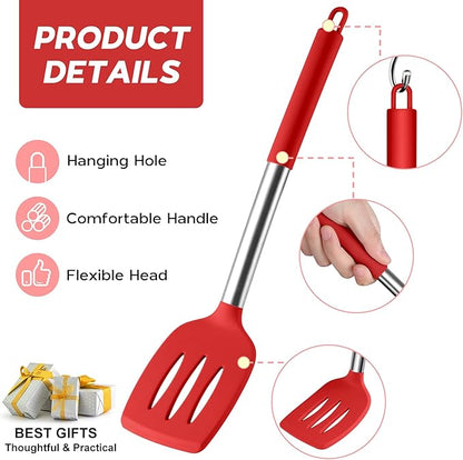 Onader 15 Pcs Silicone Cooking Utensils Set, Red Kitchen Utensils Spatula Set with Holder, Large Kitchen Gadgets Tools for Nonstick Cookware - Image 3