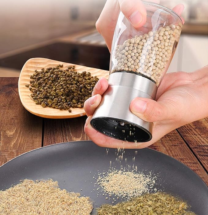 LessMo Salt and Pepper Grinder Set with Wooden Standing Tray, Refillable Pepper Mill Set - Brushed Stainless Steel - Short Glass Shakers with Adjustable Coarseness for Peppercorn, Salt or Spice Mills - Image 2