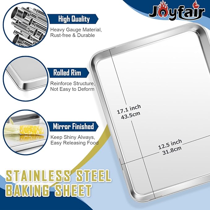 17.5 Inch Baking Sheet Pan with Cooling Rack Set, Joyfair Stainless Steel Toaster Oven Tray Pans with Grid Racks, Rectangular Bakeware for Cookie/Bacon, Heavy Duty & Rust-free, Dishwasher Safe