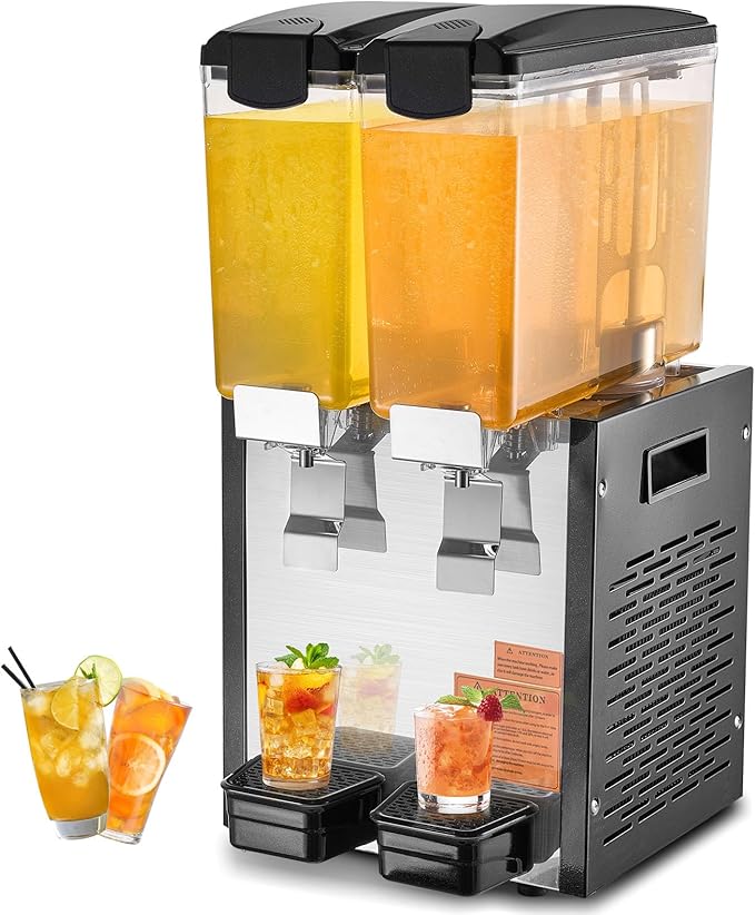 VEVOR Commercial Beverage Dispenser, 2 Tanks 10 L / 10.6 QT Per Tank Juice Dispenser, 270W Stainless Steel Ice Tea Drink Machine with 45°F-54°F Cooling Temperature, for Cold Drink Restaurant Bar Party by VEVOR