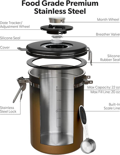 Veken Coffee Canister with Window,Airtight Stainless Steel Kitchen Food Storage Container, Date Tracker & Scoop for Grounds Coffee, Beans, Tea,Flour,Cereal,Sugar,22OZ,Copper - Image 5
