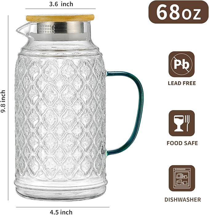 Buaic 2 PACK Glass Pitcher with Bamboo Lid, 68 oz/2L Vintage Water Pitcher, Clear Borosilicate Glass Water Carafe for Cold Brew, Coffee, Lemonade, Iced Sun Tea,Beverage, Heat Resistant Water Glass Jug - Image 2