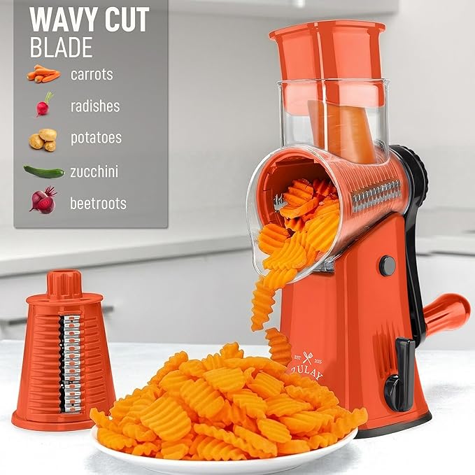 Zulay Kitchen Rotary Cheese Grater 5 Blade Cheese Shredder - Manual Hand Crank Cheese Grater With Reinforced Suction & 5 Interchangeable Drums - Easy to Use, Vegetable Chopper Round Mandoline Slicer - Image 4