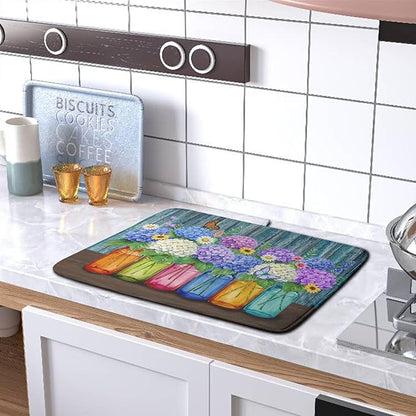 Hydrangea Dish Drying Mat Spring Summer Floral Jars Kitchen Drying Mats for Countertops Vintage Flower Vases Dish Draining Mat Microfiber Absorbent Dish Rack Pad 16x18 Inch - Image 5